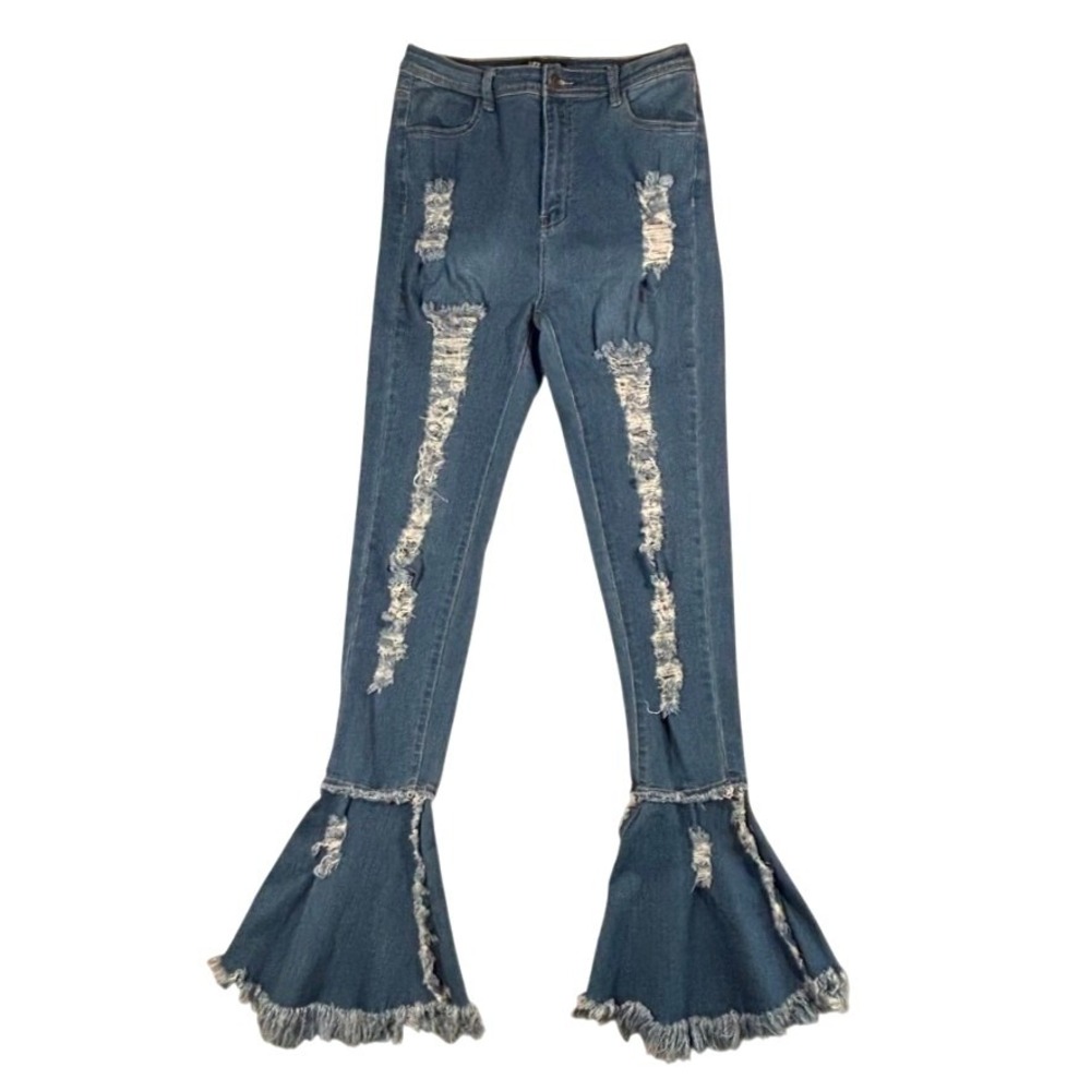 JC & JQ Distressed‎ Flare Jeans XL Fringed Bell Bottoms Boho Western Y2K Denim
